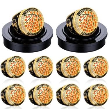 Imagem de Highergo 10 peças de anel de troféu de campeonato MVP de softball, futebol, beisebol, MVP, com corrente de pescoço e suporte, basquete, líder de torcida, boliche, futebol e vôlei (colorido