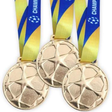 Imagem de Kit 3 Medalhas Dourada Premium Brilhante para Futebol Campeão de Metal