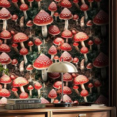 Imagem de Wallink Papel de parede de casca e cola de cogumelo planta floresta vermelha papel de parede de cogumelo 44,5 cm x 609,6 cm vermelho boho papel de parede floral autoadesivo papel de contato para