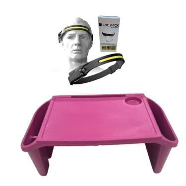 Imagem de Bandeja Mesa Colo Apoio Comer Refeição Cama Suporte Notebook + Luminária Led Rosa