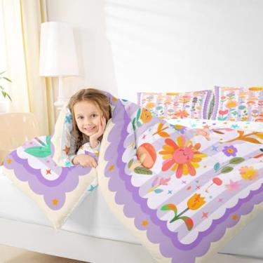 Imagem de Manfei Jogo de cama kawaii, tamanho solteiro, flor fofa, para todas as estações, estilo roxo, decoração de quarto de adolescentes, fofo, sol, nuvem, cogumelo, enchimento interno com 1 fronha