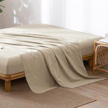 Imagem de MooMee Lençol de cima liso 100% linho de algodão lavado, texturizado, respirável, durável, macio e confortável (cinza leite de amêndoa, Queen)