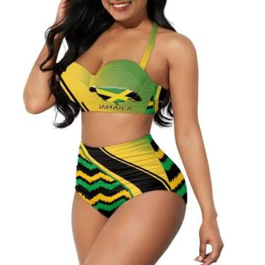 Imagem de Biquíni Yewattles, bandeira da Jamaica, listras, cintura alta