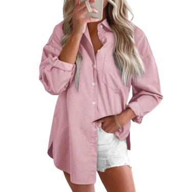 Imagem de Camisa feminina elegante, jeans, decote em V, manga comprida, bombom -