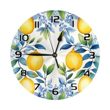 Imagem de YPPAHHHH Relógio de parede aquarela folhas azuis amarelo limão relógio de parede redondo 25 cm silencioso sem tique-taque relógio operado por bateria para sala de estar quarto cozinha escola decoração
