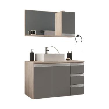 Imagem de Gabinete Banheiro Prisma 80cm (gabinete + cuba + espelheira) Opção: TAMPO VIDRO (Madeirado/Cinza,COM TAMPO)