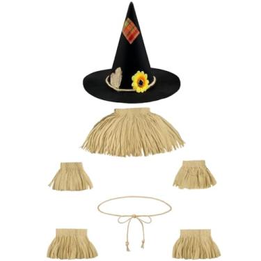 Imagem de Conjunto de fantasia de espantalho de feiticeiro com chapéu de bruxa, canudo de ráfia, cinto de corda, acessórios de palha para o festival da colheita de Halloween (preto)