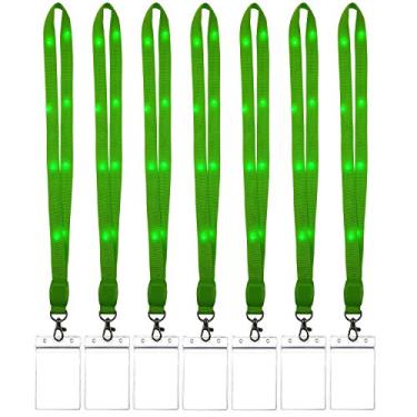Imagem de Pacote com 7 cordões de LED para crachás de identificação com 3 modos de piscar, cordão de cruzeiro com gancho para cartão de identidade, conjunto de cordão com iluminação de pescoço brilhante no escuro, Verde