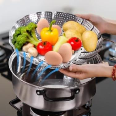 Imagem de Cesta de Cozimento a Vapor em Aço Inox, 30 cm de Diâmetro, Dobrável, para Legumes e Verduras