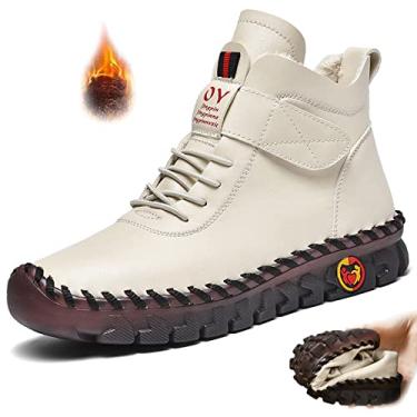 Imagem de CrazySavage Botas de neve femininas de couro de inverno forradas com pele quente antiderrapante botas de tornozelo espessas térmicas villi ajustáveis mocassins Mom de cano alto, Branco, 37