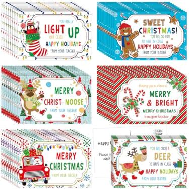 Imagem de TaoBary 60 cartões postais em branco Feliz Natal a granel 10 cm x 15 cm Cartões de felicitações festivas rena homem gengibre padrão bengala doce cartões postais para professores enviar para estudantes