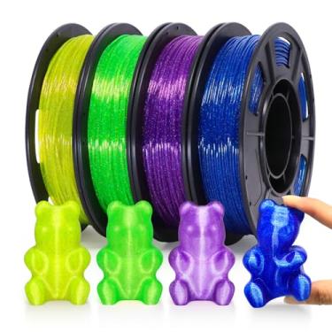 Imagem de YOUSU Filamento TPU transparente Galaxy 1,75 mm, 95A (42D) filamento de impressora 3D flexível macio, galáxia TPU transparente com efeito brilho estrelado, carretel de 250 g, 4 rolos, azul + roxo +