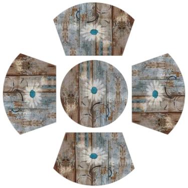Imagem de Jogo americano de textura de madeira para mesas redondas, conjunto de 5, tapete Bellis Perennis em forma de cunha com tapete de centro de mesa redondo resistente ao calor tapetes de mesa de jantar