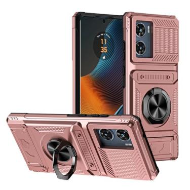 Imagem de SORAKA Capa para Motorola Edge 50 Fusion 5G com suporte de anel para cartão com patch de metal compatível com suporte magnético de telefone para carro capa de proteção contra choque e queda ouro rosa