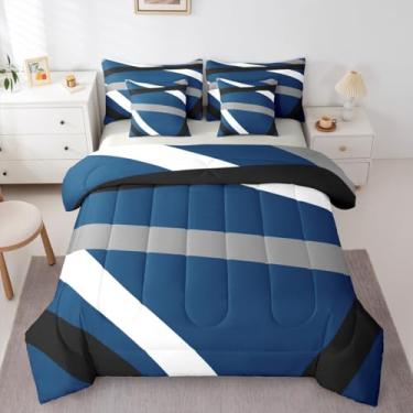 Imagem de Erosebridal Conjunto de cama casal azul cinza listrado preto com 7 peças, moderno, abstrato, para adultos, mulheres e homens, conjunto de edredom geométrico, geométrico, estético, boêmio