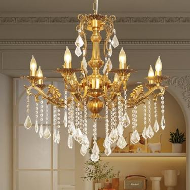 Imagem de Lustre de cristal de cobre de luxo, luminária pendente de cristal K9 vintage de 76 cm com 8 luzes, luminária de teto com acabamento em latão antigo com braços enrolados para sala de jantar, sala de