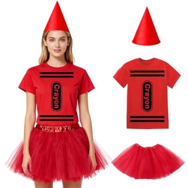 Imagem de DreamJ Conjunto de camisetas de fantasia de giz de cera de Halloween para adultos, homens e mulheres, fantasias de casal de Halloween engraçadas, camisa tutu e chapéu, Vermelho feminino, XXG