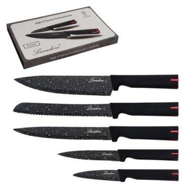 Imagem de Kit Jogo 5 Facas Pretas de Cozinha Laradore e Caixa Presente