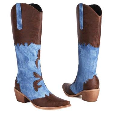 Imagem de Botas de cowboy Cozivwaiy femininas patchwork jeans marrons 9,5
