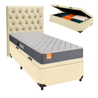 Imagem de Cama Box Bau + Colchão Solteiro D23 Pro Inducol + Cabeceira Estofada