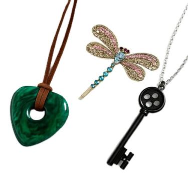 Imagem de Cowaski 3 peças de acessórios adequados para fantasia de cosplay Coraline, óculos de botão, colar de chave, clipe de cabelo, conjunto de pedras verdes mercadoria de Halloween, presente de aniversário