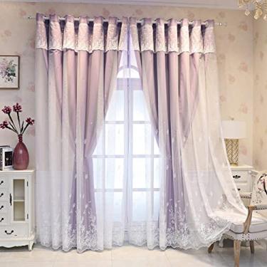 Imagem de Cortina blecaute de camada dupla bordada blackout voile em camadas painel de cortina sólida, para quarto de menina, isolamento térmico, cortina sombreada de deck duplo, topo com ilhós, 1 peça, roxo L