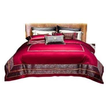 Imagem de ZDJZMGZ Conjunto de edredom Queen de algodão com quatro peças, lençol e edredom bordado, macio, completo (vermelho, cama de 1,5/1,8 m)