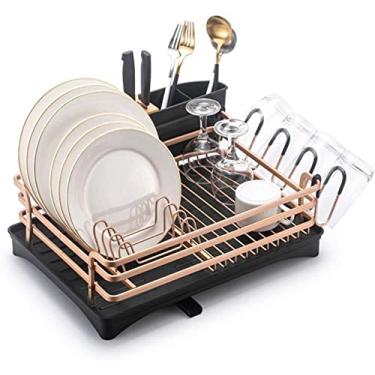 Imagem de Escorredor de louça e escorredor de pratos organizador de armazenamento de bancada de cozinha com utensílio e suporte de copo lateral escorredor de pratos de liga de alumínio organizador de balcão