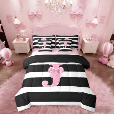 Imagem de Erosebridal Conjunto de edredom Queen com laço rosa e letra J, para crianças, adolescentes, mulheres, com laço kawaii, preto, branco, para decoração de quarto