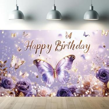 Imagem de Saoplasa Faixa de fundo de borboleta roxa feliz aniversário com glitter brilhante para mulheres, meninas, decorações de aniversário, tema de borboleta, suprimentos de festa, adereços para cabine de