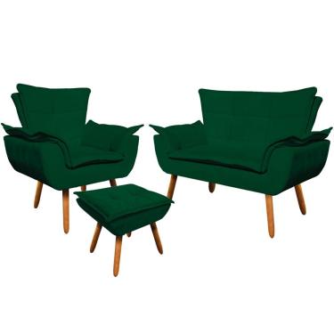 Imagem de Conjunto Poltrona Puff e Namoradeira Pés Palito Charger Suede Verde - Gran Belo
