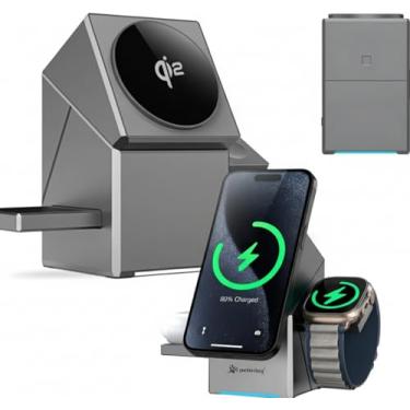 Imagem de Carregador Sem Fio Qi2 Mag-Safe PREMIUM 3 em 1 Indução Para iPhone Apple Airpods Watch 3 em 1, Rotação Automatica