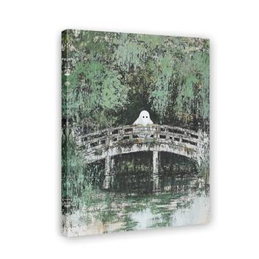 Imagem de Arte em tela de Halloween - Fantasmas fofos em pé na ponte japonesa estilo Monet, impressão em tela emoldurada para galeria para decoração de parede (vários tamanhos, emoldurado/sem moldura) (arte 7,9
