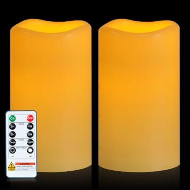 Imagem de 5plots Conjunto de 2 velas à prova d'água para ambientes externos D3 x H5, 12,7 cm, à prova d'água, com controle remoto de 10 teclas e temporizador, requer 2 pilhas AA para decoração de Natal