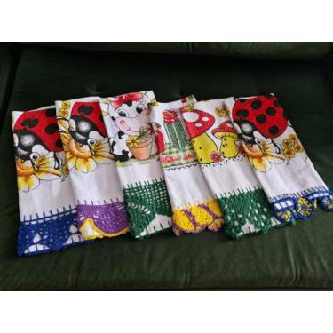 Imagem de Pano de Prato Decorativo com Estampa de Joaninha, 6 Peças, Algodão, 70x45cm, Bordas em Crochê Colorido
