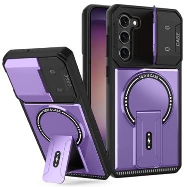 Imagem de Capa para Samsung Galaxy S23 com capa para câmera, capa magnética para celular com suporte, capa resistente à prova de choque com suporte, carteira embutida para cartão para Samsung S23 5G roxa