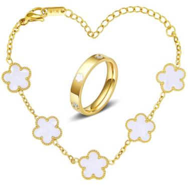 Imagem de Anel de pulseiras de ouro da amizade para mulheres: Conjunto de joias Love Clover de aço inoxidável banhado a ouro 18 quilates Pulseira de noivado de casamento zircônia cúbica Tamanho 5 6 7 8 9 10