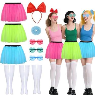 Imagem de 11 peças de fantasia de herói de anime de Halloween, incluindo saias, meias, óculos de sol, tiaras de cabelo e faixas de cabelo para mulheres e meninas cosplay