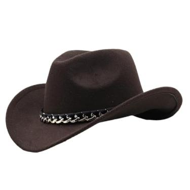 Imagem de Chapéu Fedora feminino masculino chapéu de sol chapéu de cowboy decoração corrente aba larga boné de feltro jazz 01 café masculino (59-60 cm)