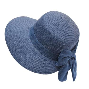 Imagem de Chapéu de sol feminino de aba larga grande com laço panamá para férias casual chapéu de palha estilo 001A azul-marinho tamanho adulto