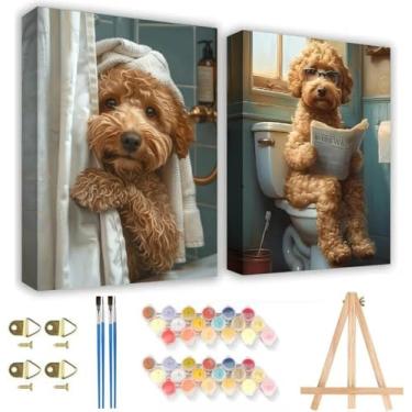 Imagem de KYOQFVN Pacote com 2 tintas para cães por números com moldura, kits de pintura por números para adultos em tela com cavalete de madeira - Pintura a óleo acrílica fácil para decoração de parede de casa