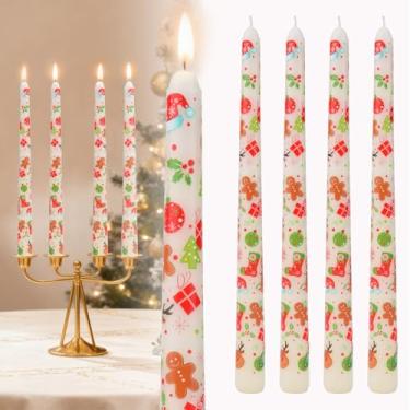 Imagem de Castiçais afunilados de Natal, velas afuniladas longas vermelhas e verdes, varas de alce de Natal para decoração de mesa de jantar em casa de Natal