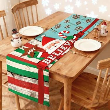 Imagem de Caminho de mesa de Natal 33 x 91 cm - Decoração de mesa de jantar de cozinha de inverno impressa Papai Noel com bengala doce, estrela de alegria e flocos de neve corredor para decoração de casa