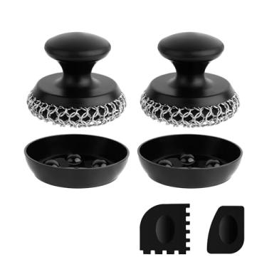 Imagem de 2 peças de limpeza de ferro fundido, esfregão de malha para frigideira de ferro fundido, almofada de limpeza de pratos, escova/raspador de aço inoxidável 316 para esfregar frigideiras de metal, wok