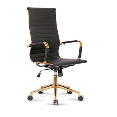 Imagem de Cadeira Presidente Giratória ANM-03 Ergonômica Com Ajuste De Altura, Apoio De Cabeça, Base Cromada, Rodízios Silenciosos, Revestimento Premium E Design Moderno Para Escritório (Preta com Dourado)