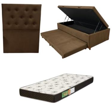 Imagem de Cama Box Baú Solteiro com Auxiliar (Bicama) + Colchão Solteiro Espuma D20 12cm | Kit Completo com Cabeceira Botonê Opcional | Diversas Cores (3, SUEDE MARROM, COM CABECEIRA)