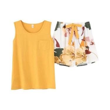 Imagem de Conjunto De Pijamas De Algodão Feminino Para O Verão, Top De Cor Sólid