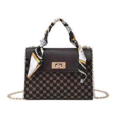 Imagem de Bolsa transversal com corrente e fecho magnético, carteira feminina, moderna, estampa retrô, bolsa de ombro nas axilas, alça de ombro removível, Café