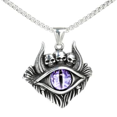 Imagem de PAMTIER Colar masculino vintage de aço inoxidável com pingente de cabeça de caveira de demônio com olho turco, Metal, Metal