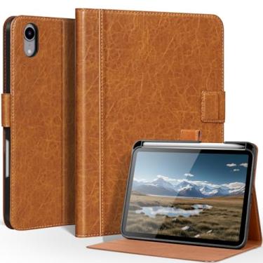 Imagem de CPNVWA Capa de couro genuíno para iPad mini 7ª/6ª geração de 8,3 polegadas, capa fólio premium com suporte para Apple Pencil, despertar/hibernar automaticamente, suporte ajustável e fecho magnético